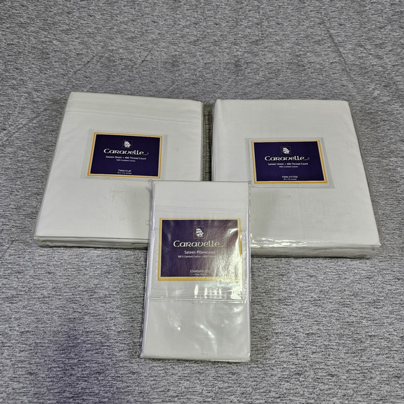 $265 Caravelle 400 Luxury Sateen Cotton White Twin Sheet Set 4PC European Linens - Picture 2 of 13